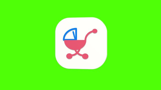 3D animated baby stroller icon on a white rounded card with a green screen background. Smooth loop motion, perfect for mobile app UI, pushchair travel, and video editing elements.