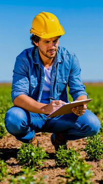 A man in a hard hat crouching down in a field writing on a clipboard