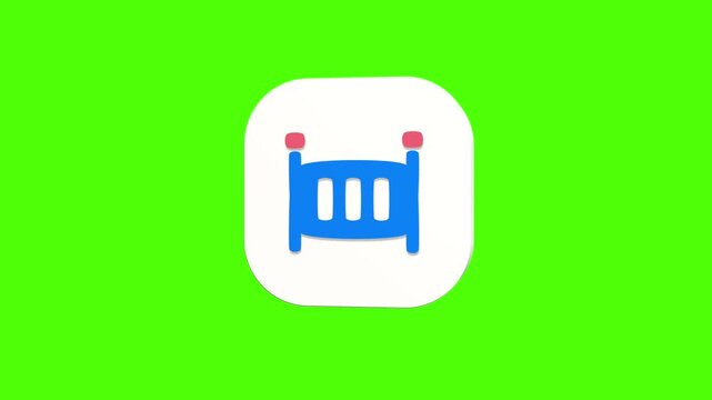 3D animated baby crib icon on a white rounded card with a green screen background. Smooth loop motion, perfect for mobile app UI, nursery furniture, and video editing elements.