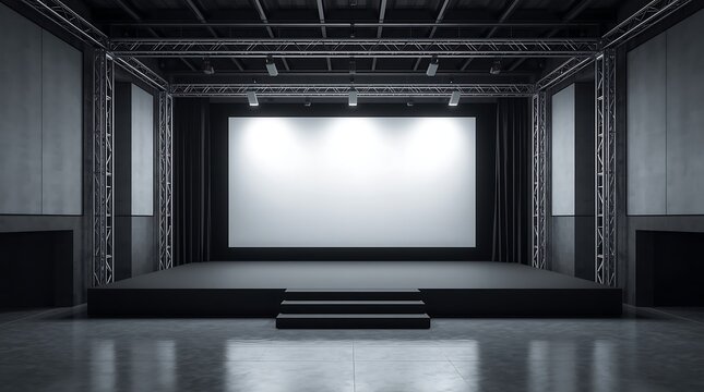 Modern stage with large screen and lighting for presentations or performances.