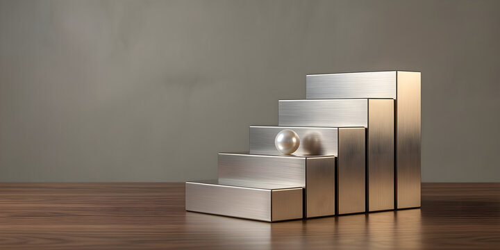 Five brushed-metal blocks rising in a calm staircase with one pearl sphere for New Year 2027 celebration, hospitality and annual-planning campaign &mdash; surface-safe replacement