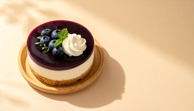 Mini Blueberry Cheesecake with Whipped Cream on Wooden Plate
