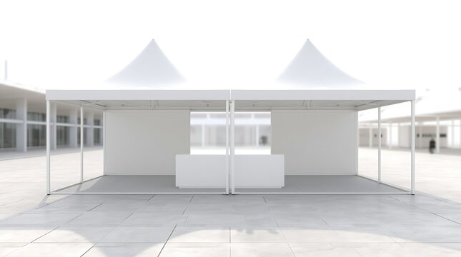 Modern white exhibition tent structure with clear walls and counter.