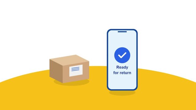 Online shopping return process with a cardboard box and a smartphone showing ready for return