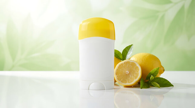 Natural Lemon Deodorant Stick with Fresh Citrus Fruit Slices and Leaves on Green Background