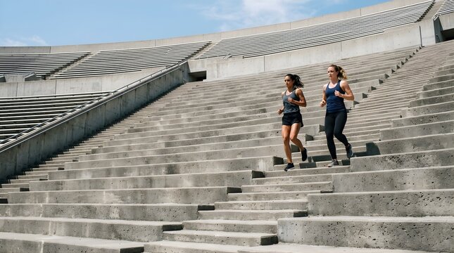 Two women running up concrete stadium stairs during morning workout