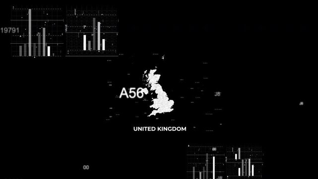 United Kingdom map animation showcasing economy, infrastructure, technology, population, energy, trade, and national development data for presentations, films, documentaries, and motion graphics.