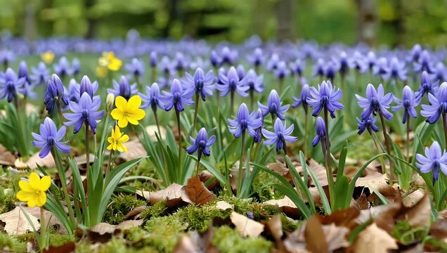 Charming 4K spring forest floor scene showing bright blue Scilla flowers blooming among dry brown leaves and soft green moss capturing early seasonal growth in nature
