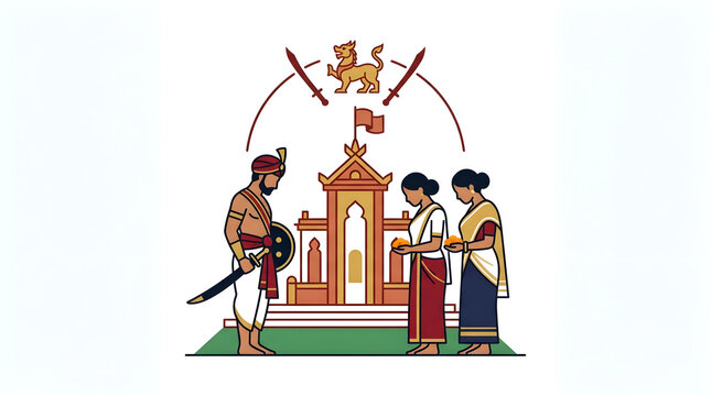 Patriots Day Manipur India Vector Illustration with Shaheed Minar Monument, Kangla Fort Gate, Indian Flag, Manipur Dragon Flag, Bir Tikendrajit, and Manipuri Warriors