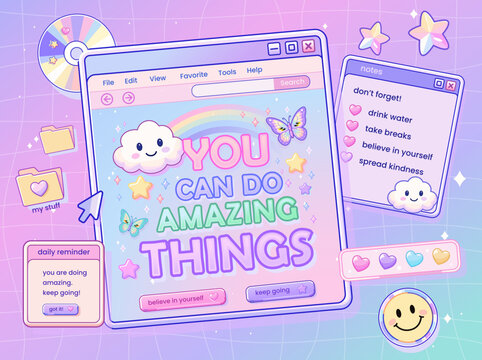 Y2K Retro Web Interface with You Can Do Amazing Things Typography, Cute Cloud, Rainbow, Butterfly and Motivational Notes