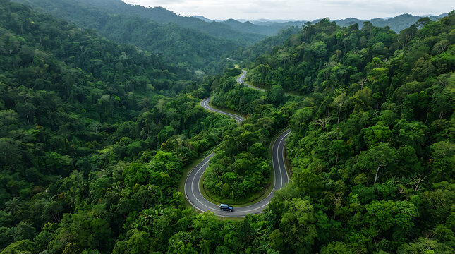Aerial View of a Car Driving on a Winding Road Through the Lush Green