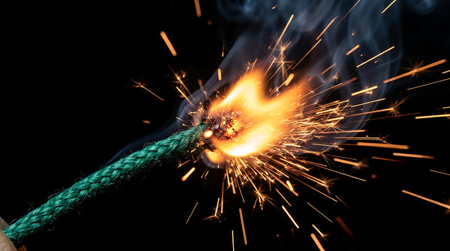 Burning green fuse with sparks ignites on black background, creating a dramatic fiery effect