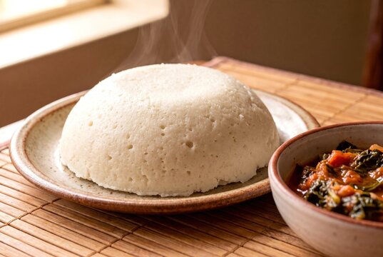 Traditional Zambian Nshima Steaming on a Plate with a Side of Savory Vegetable Relish