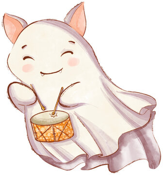 Cute ghost cat drum watercolor clipart halloween baby decor icon