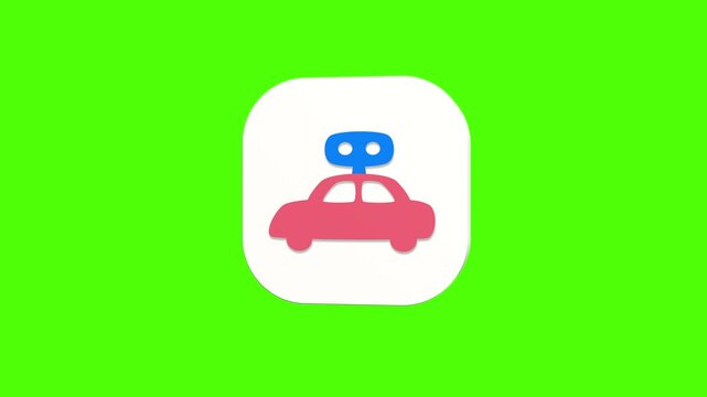 3D animated wind-up toy car icon on a white rounded card with a green screen background. Smooth loop motion, perfect for mobile app UI, kids play, and video editing elements.