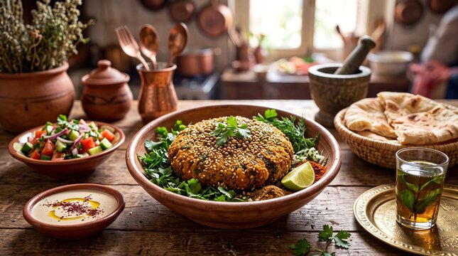 Traditional Egyptian Taameya fava bean falafel served with tahini salad and flatbread in rustic kitchen