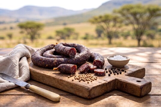 Traditional South African Droewors Dried Beef Sausage Served on a Rustic Wooden Board Outdoors