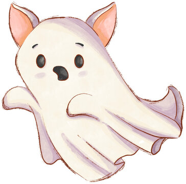 Cute ghost cat floating watercolor clipart halloween spooky decor icon