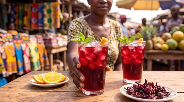 Authentic Ivorian Bissap Hibiscus Tea Served Cold in an Outdoor African Market Setting