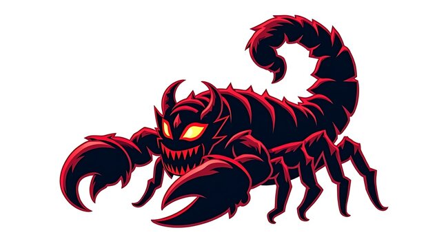 Fierce red scorpion illustration with glowing eyes on white background
