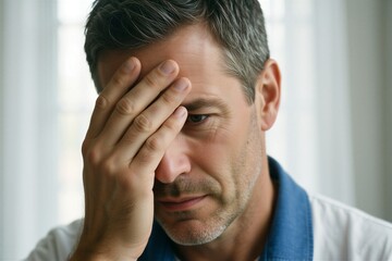 Fototapeta premium Man experiencing burnout, stress, and anxiety, covering his face in a moment of mental health struggle.