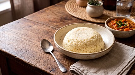Fototapeta premium Traditional South African Cornmeal Pap Served with Stew on a Rustic Wooden Table