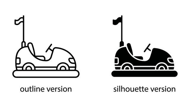 Bumper Car Icon: Two stylized representations of a bumper car, one as an outline and the other as a solid silhouette, both featuring a small flag, perfect for use in amusement park graphics or icons.