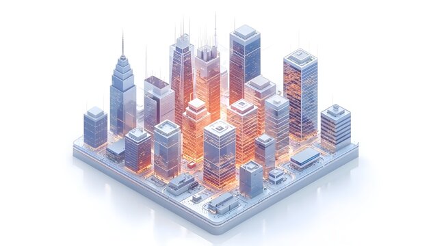 Isometric cityscape depicts a cluster of modern skyscrapers with illuminated windows against a white background architecture buildings urban metropolis geometric structure construction facade glass st