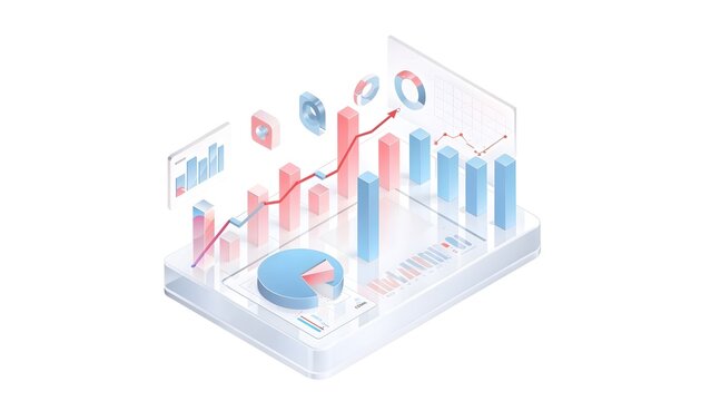 Isometric data visualization with bar graphs and pie charts on a white surface diagram analytics statistics reporting analysis metrics performance trends growth progress indicators assessment