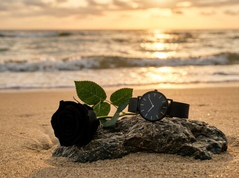 Black rose and luxury wristwatch on a rock at the beach, sunset over the ocean waves in the background.