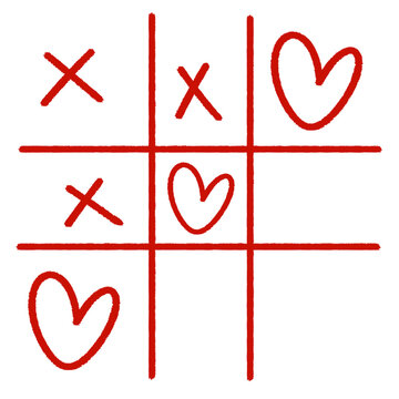 Tic Tac Toe game with red hearts and crosses on white background