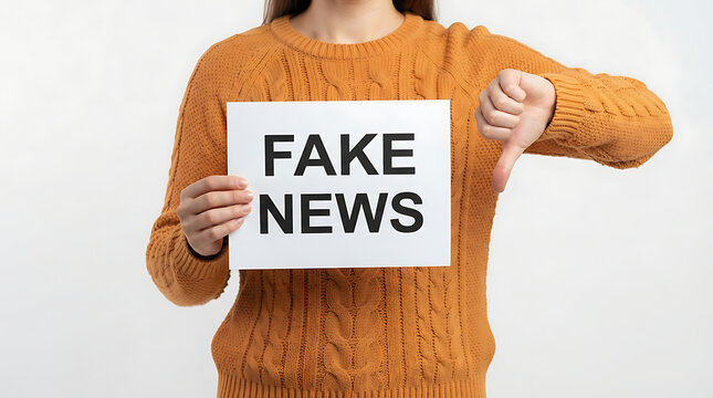 A woman holding a sign with the text fake news and showing a thumbs down gesture