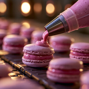 Pastry bag piping pink cream onto fresh macaron shell with confectionery, production