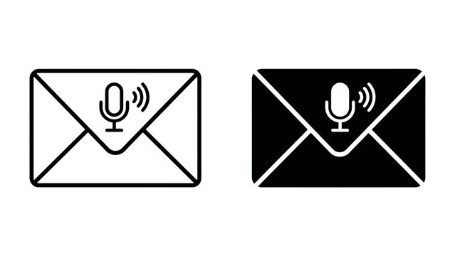 Voice Message Iconography: Two distinct envelopes, one outlined in black and the other a solid black silhouette, both feature a prominent microphone icon with sound waves.