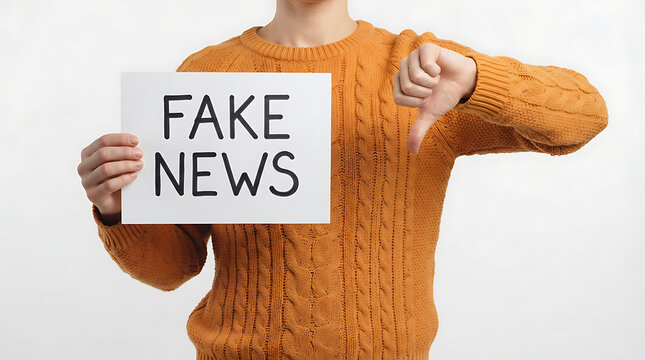 Young person holding paper with fake news text and showing thumbs down sign