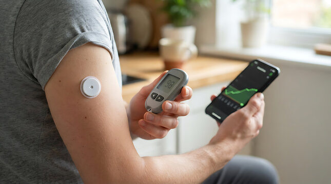 Diabetic Patient Monitoring Glucose Level With CGM Sensor Meter And Smartphone App