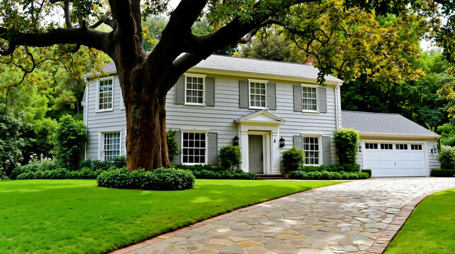 A white house with a large tree in front of it