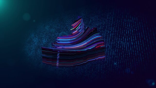 Futuristic Ireland map reveal animation shows flowing luminous lines, colorful glowing accents, digital particles, grid patterns, and dimensional depth against a dark blue technological screen.