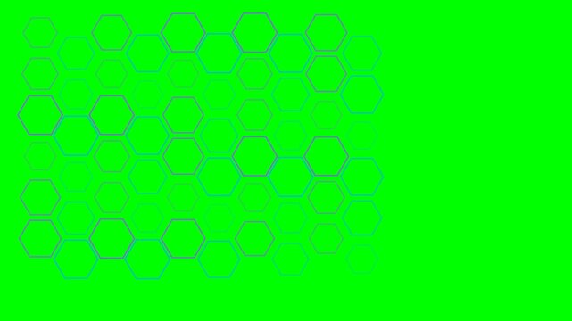 Abstract purple hexagonal pattern overlay on a vibrant solid green background