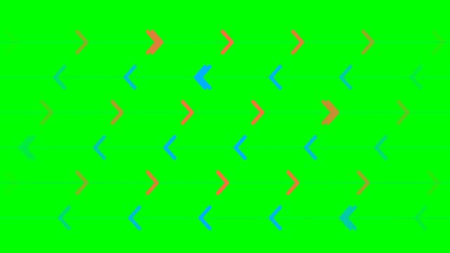 A vibrant pattern of orange and blue chevron arrows on a bright green background