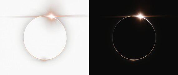 Golden Glowing Light Ring Solar Eclipse Diamond Effect Overlay Isolated on white and Black Backgrounds © Olga