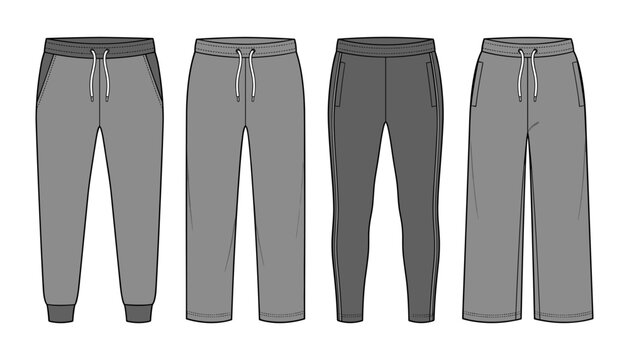 Men Grey Sweatpants and Joggers Vector Set with Drawstring Elastic Waistband Tapered and Wide Leg Technical Sketches for Sportswear Apparel Tech Pack Designs