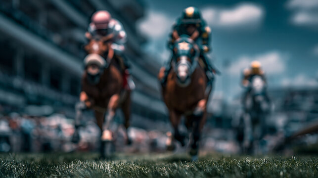 Close up view of group of racehorses galloping on turf track during horse race