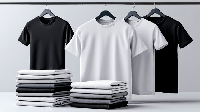 A stack of white and black t-shirts and folded shirts on a rack