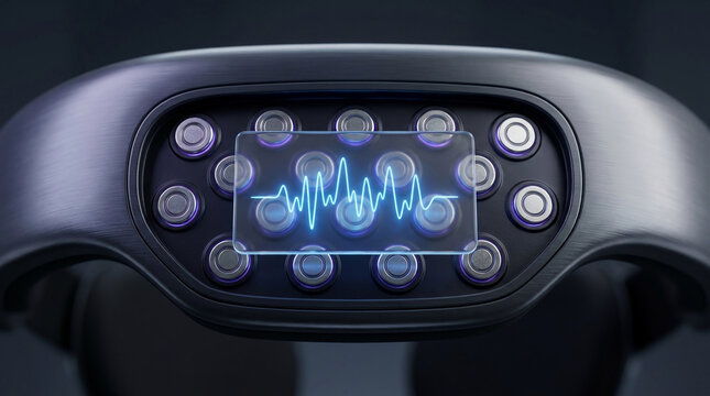 Futuristic brain-computer interface headset with glowing sensors and digital holographic waveform display for monitoring neural activity and brain waves.