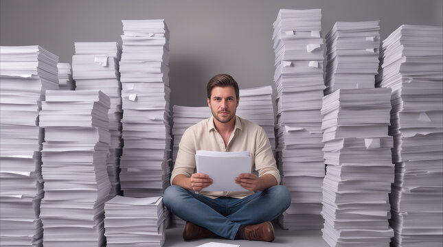 Professional man sitting cross-legged amidst massive stacks of paper. Overwhelmed office worker dealing with excessive workload and bureaucracy.