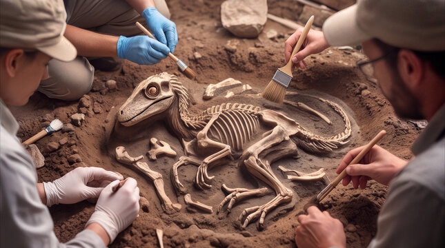 Archaeologists excavating raptor dinosaur skeleton at dig site. Team of paleontologists using brushes and tools to uncover fossilized remains in dry earth.
