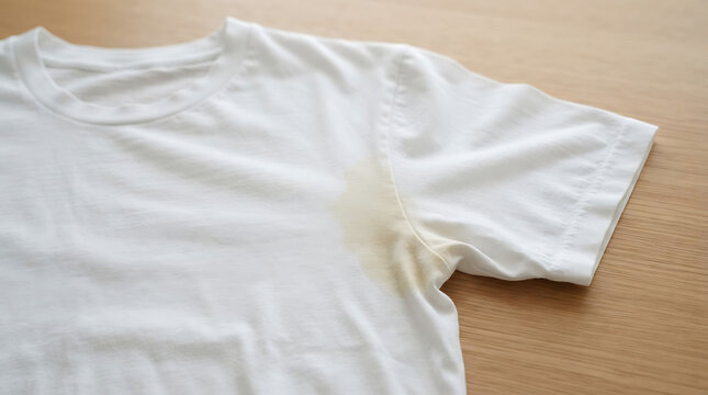 White T-shirt with yellow underarm stain, a common problem and a symbol of daily life