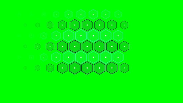 A digital pattern of hexagonal shapes arranged on a vibrant green background