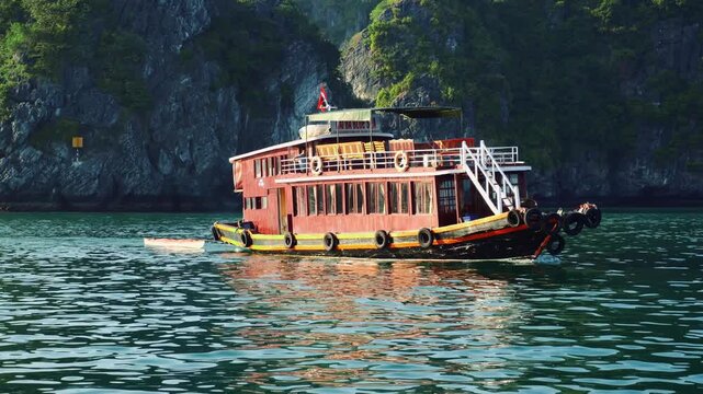 A large multi-deck wooden tourist boat sails through a calm lagoon surrounded by towering limestone cliffs at Halong Bay near Cat Ba Island Vietnam.